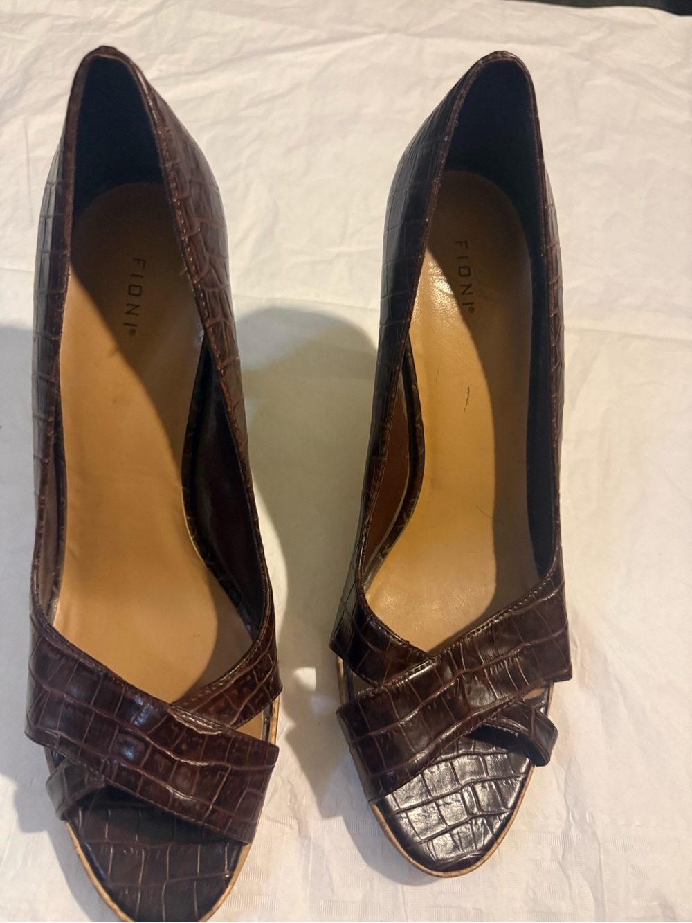 FIONI Clothing Dark Brown Croc-Embossed Peep Toe Pumps